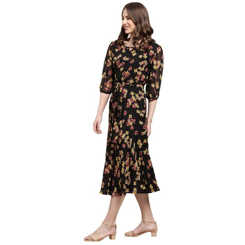 Preneum Women's Maxi Fit & Flare Latest Style Print Georgette Regular Sleeves Casual Maxi Dress || Summer Dress Festival & Occasion, Black, S