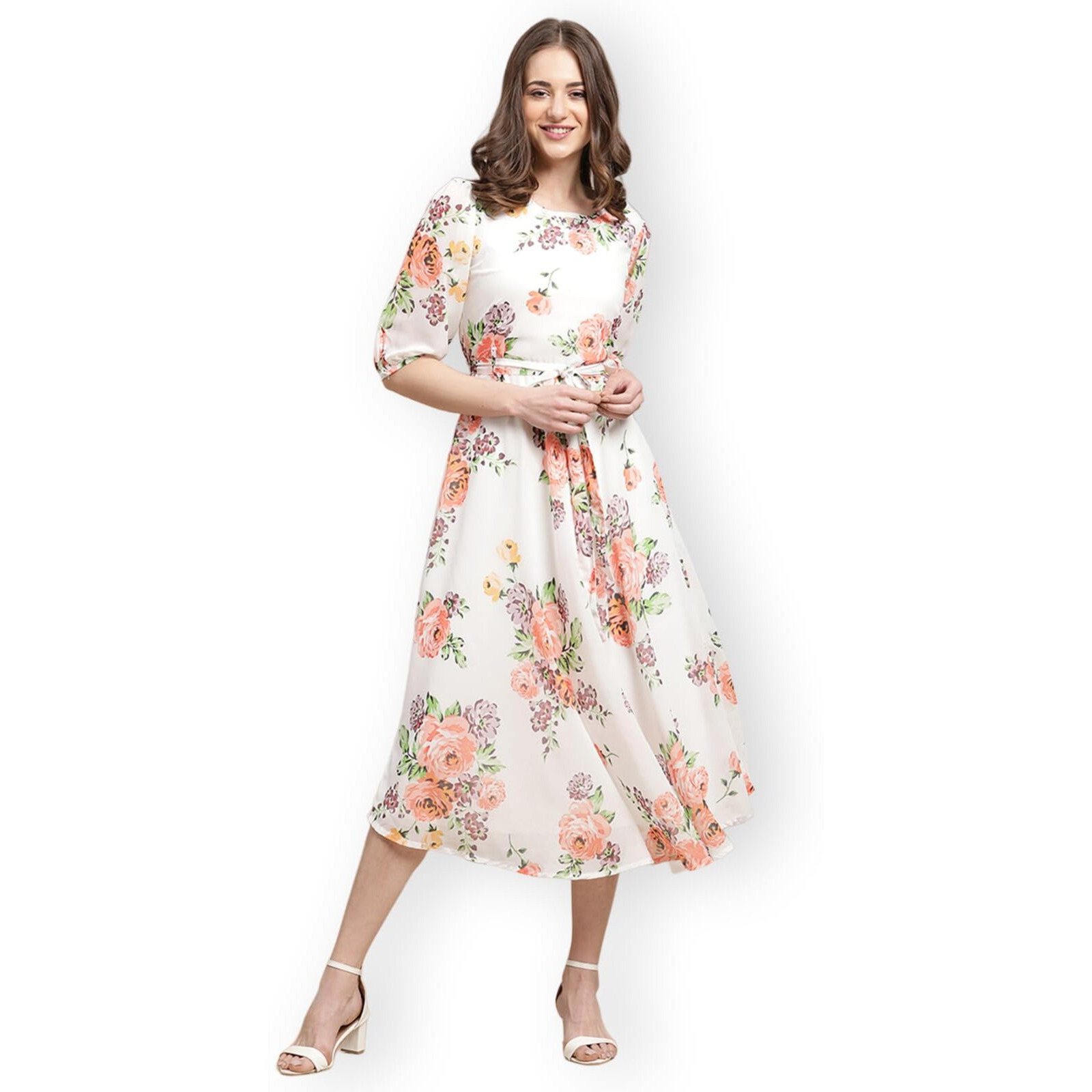 Preneum Women's Maxi Fit & Flare Latest Style Print Georgette Regular Sleeves Casual Summer Maxi Dress || Festival & Occasion, Off White, L