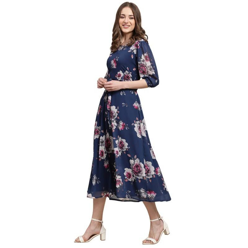Preneum Women's Maxi Fit & Flare Latest Style Print Georgette Regular Sleeves Casual Dress |Summer Dress Festival & Occasion Maxi Gown,Light Blue,Xl