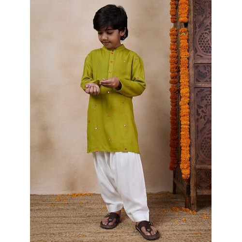Pspeaches Boys Embroidered Mandarin Collar Mirror Work Kurta With Pyjamas (12-14Years)