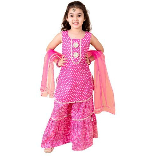 Pspeaches Girls Purple Ethnic Motifs Printed Pure Cotton Kurta With Sharara With Dupatta (Purple-2-3Y)