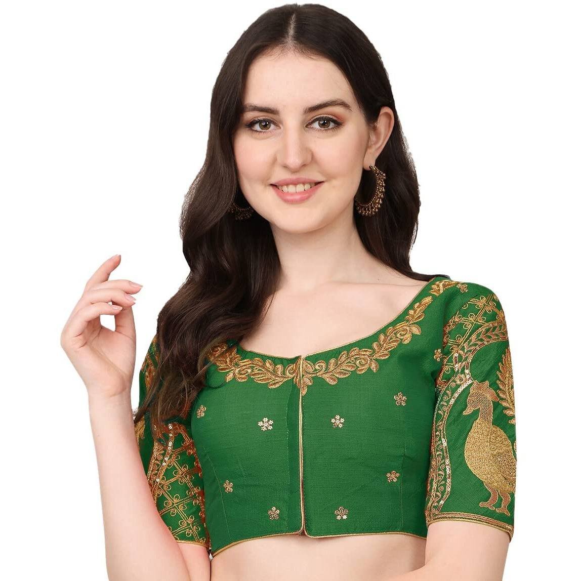 Pujia Mills Women's Silk Solid Half Sleeve Blouse (Morya_Green_38)
