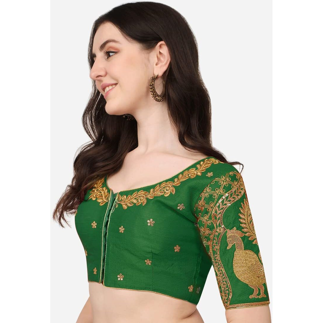 Pujia Mills Women's Silk Solid Half Sleeve Blouse (Morya_Green_38)