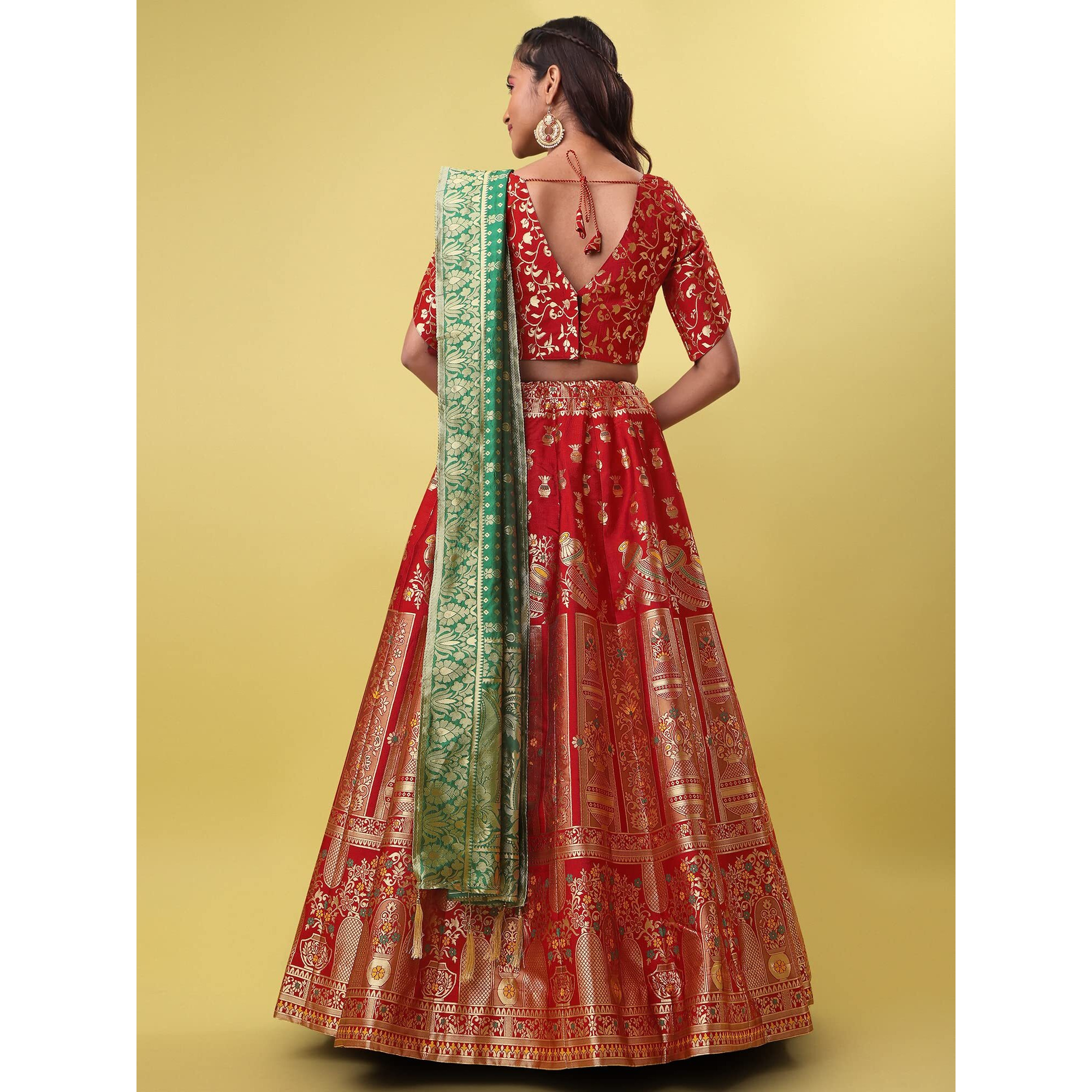 Purvaja Women's Jacquard Semi-Stitched Lehenga Choli (Kumbh-Red_Red_Free Size)