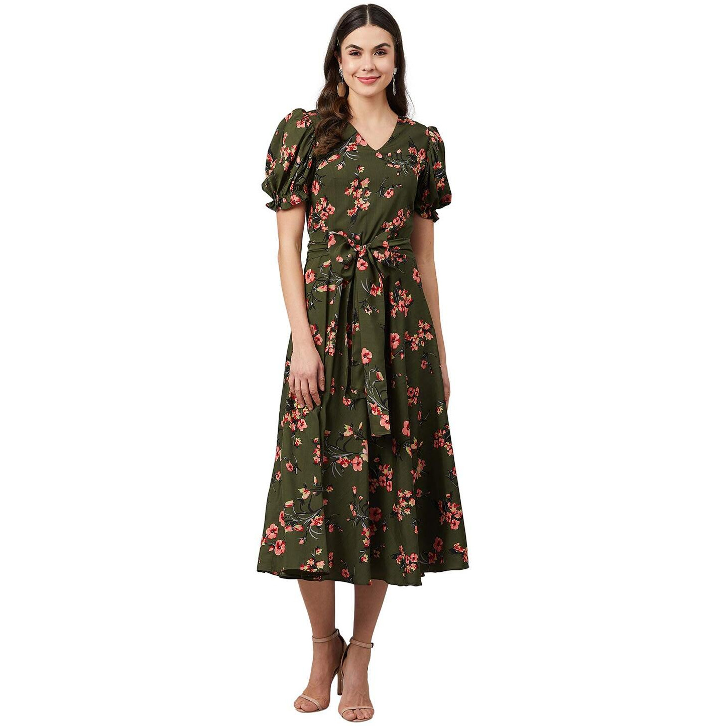 Rare Women's Synthetic Fit And Flare Midi Casual Dress (Ep6054_Green_Medium)