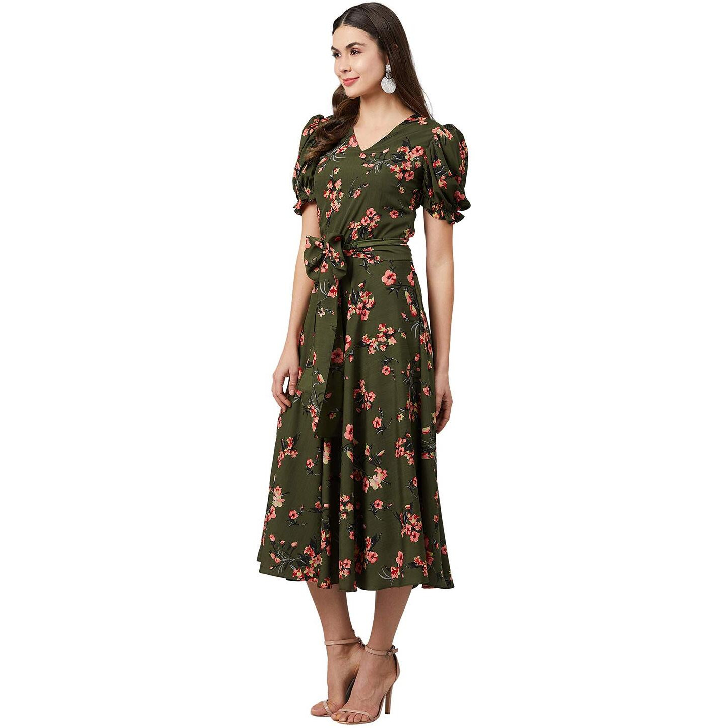 Rare Women's Synthetic Fit And Flare Midi Casual Dress (Ep6054_Green_Medium)