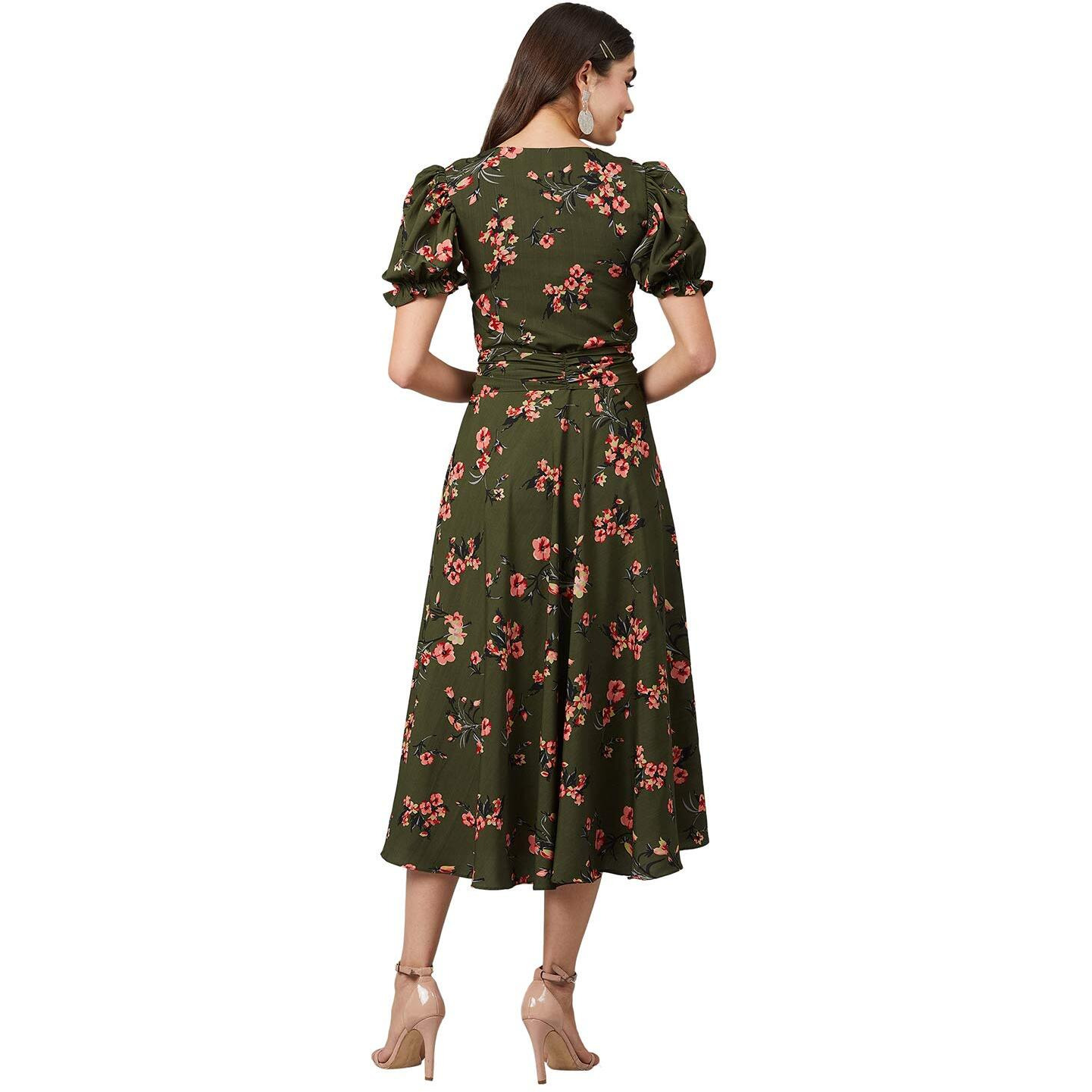 Rare Women's Synthetic Fit And Flare Midi Casual Dress (Ep6054_Green_Medium)