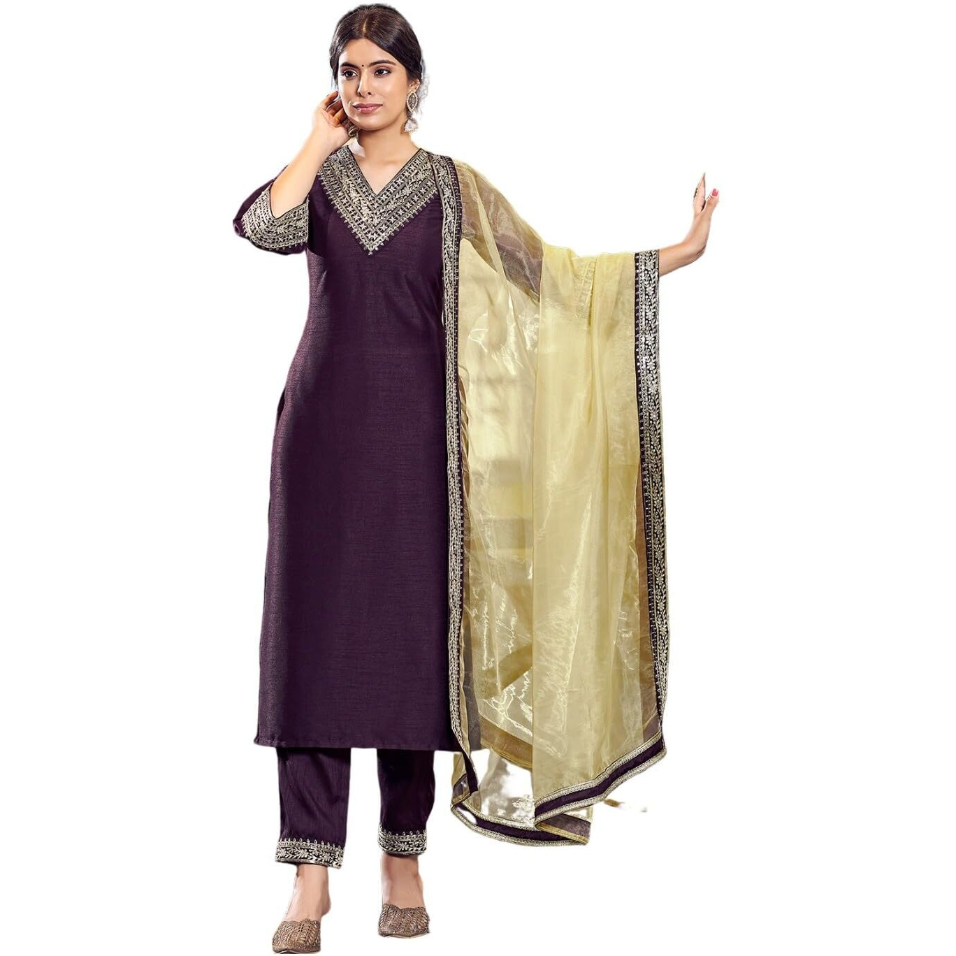 Sanisa Women's Art Silk Embroidery Lace Straight Kurta With Pant And Embroidery Lace Work Dupatta (104Kbd1133Nz-Xxl_Wine)