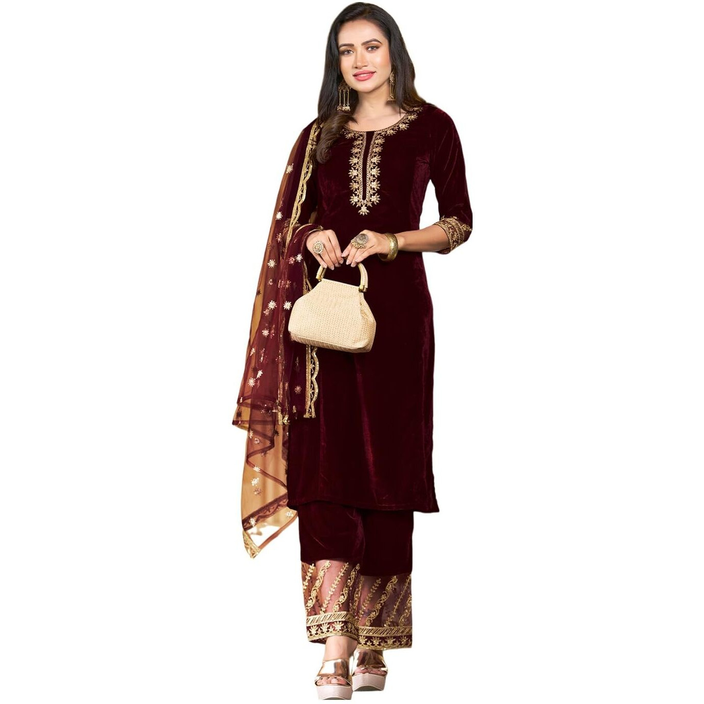Sanisa Women's Velvet Embroidery Straight Kurta With Pant And Embroidery Dupatta (91Kbd1001Nz-Xl_Maroon)