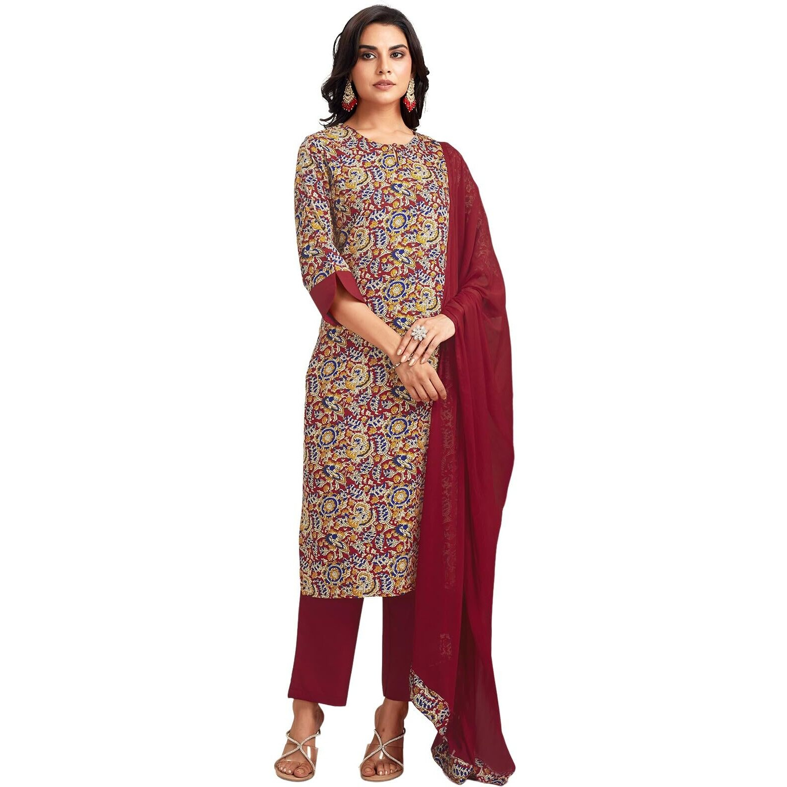 Sanisa Women's Crepe Printed Straight Kurta With Pant And Dupatta Set (175Kbd1871Nr-S_Red & Blue And Multi)