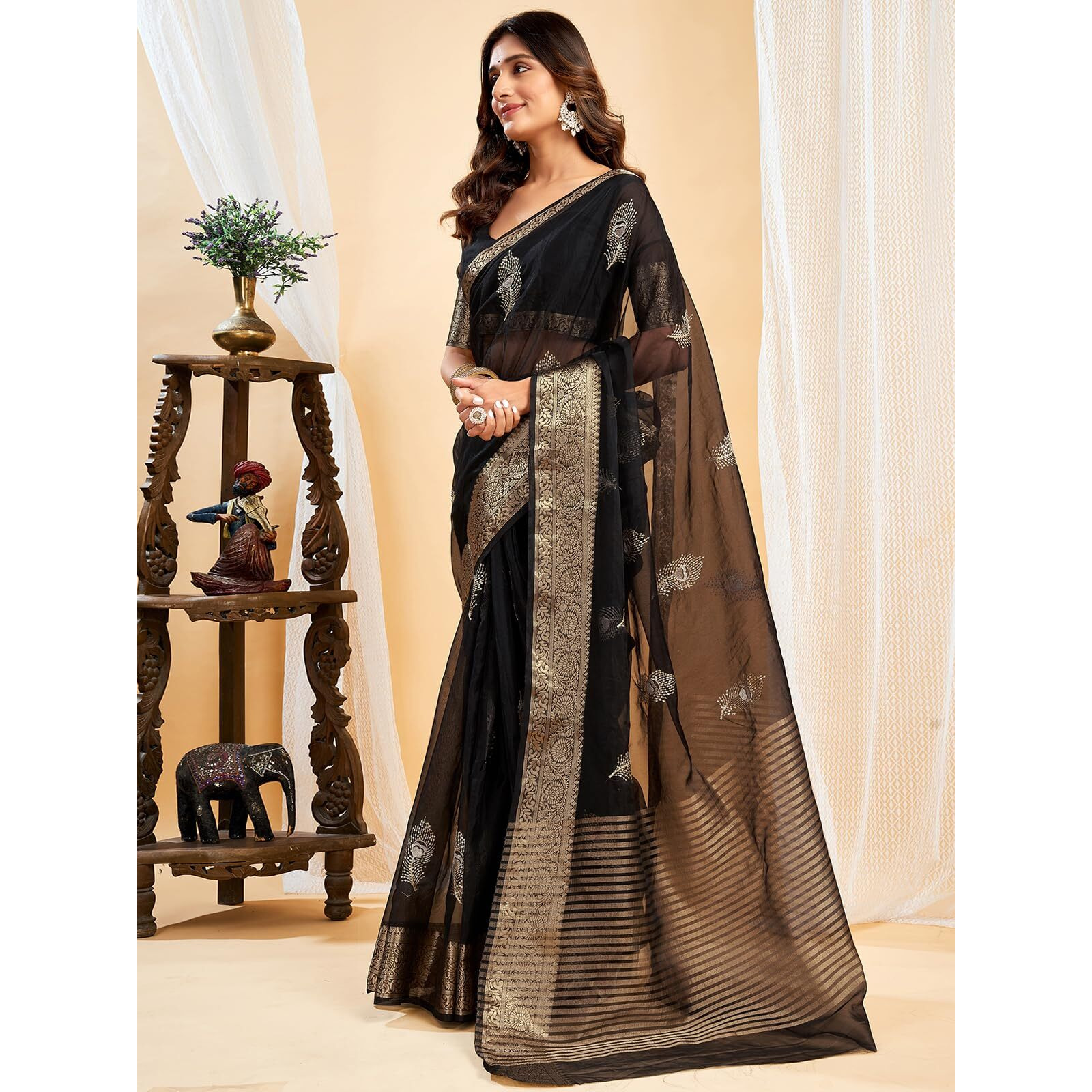 Satrani Women's Organza Sequins Embroidery Jacquard Saree With Unstitched Blouse Piece (4031S655N_Black)