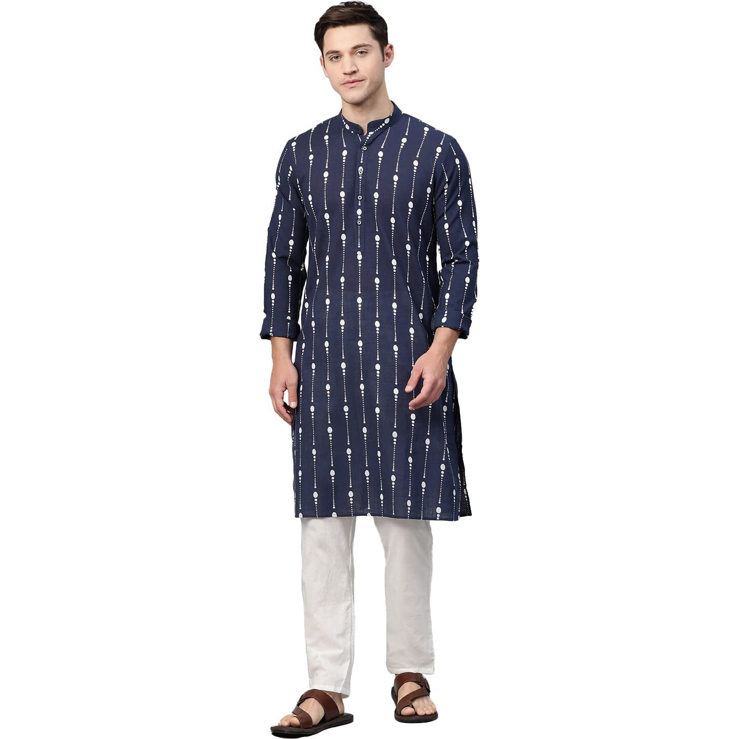 See Designs Men's Cotton Printed Regular Fit Kurta (15049822_Navy Blue_Xs)