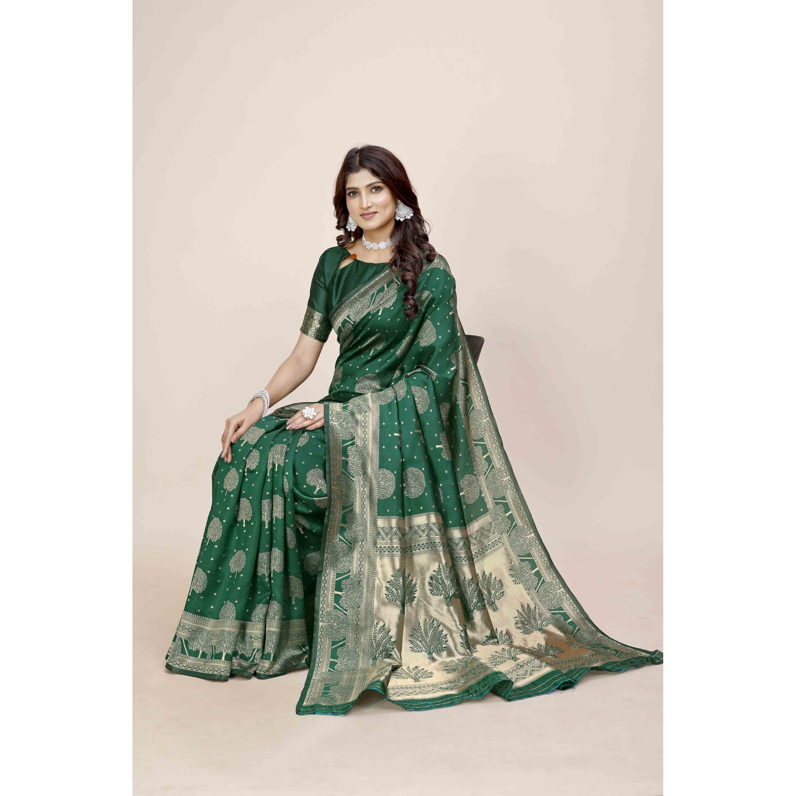Shasmi Women's Banarasi Saree Pure Kanjivaram Silk Saree Soft New Ladies 2025 Design Wear Pattu Sarees Latest Party Sari Collections With Blouse Piece For Wedding Sadi (Pari-217 Dark Green)