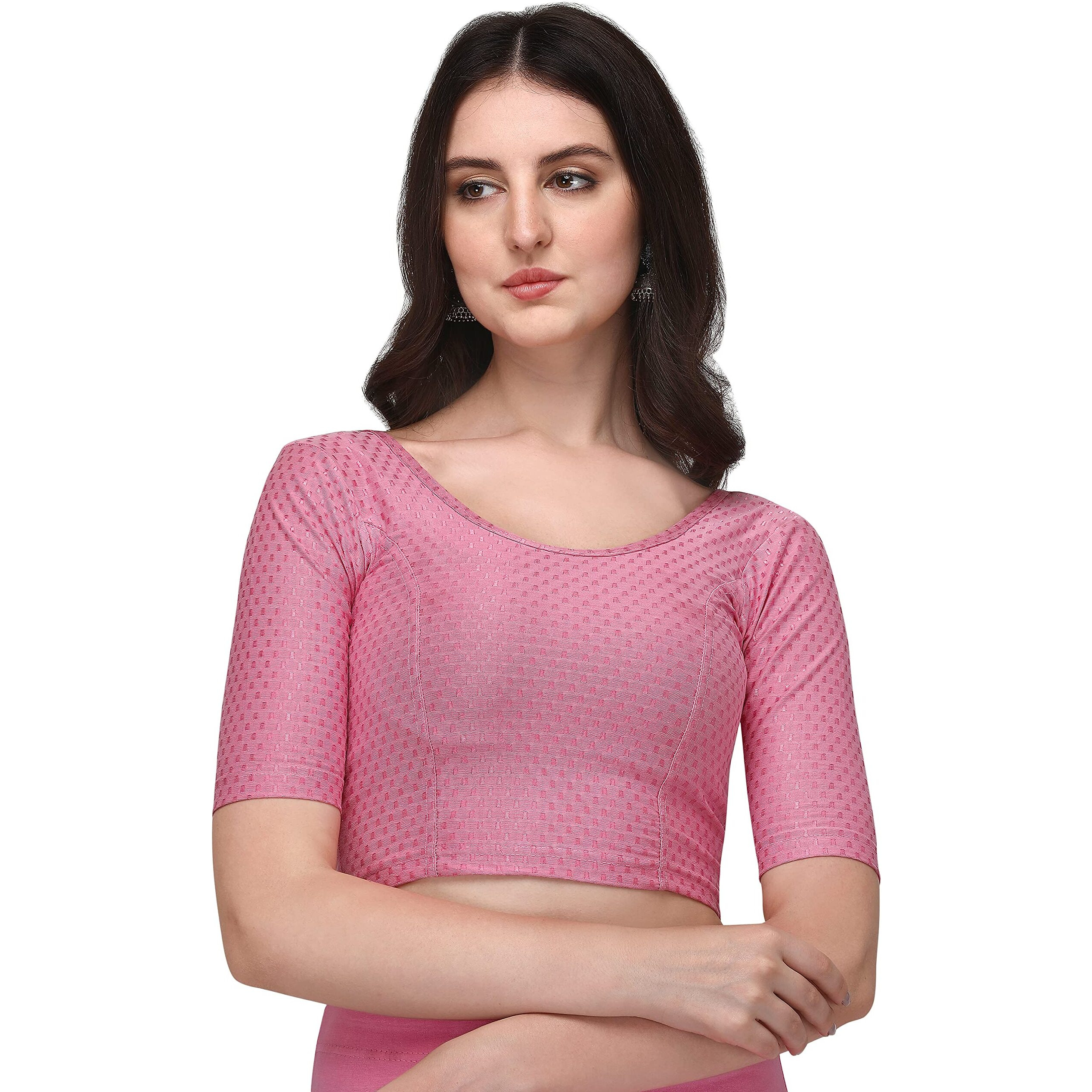Shiv Textiles Round Neck Dobby Cotton Lycra Stretchable Elbow Sleeve Readymade Saree Blouse For Women Stylish (Pinkfree Size)