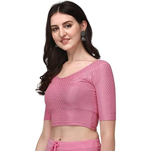 Shiv Textiles Round Neck Dobby Cotton Lycra Stretchable Elbow Sleeve Readymade Saree Blouse For Women Stylish (Pinkfree Size)