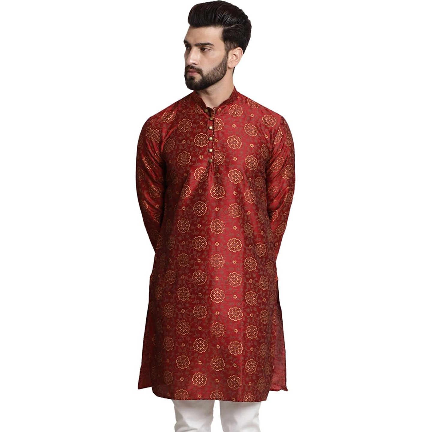 Sojanya (Since 1958 Men's Silk Blend Maroon Color Print Design Only Long Kurta