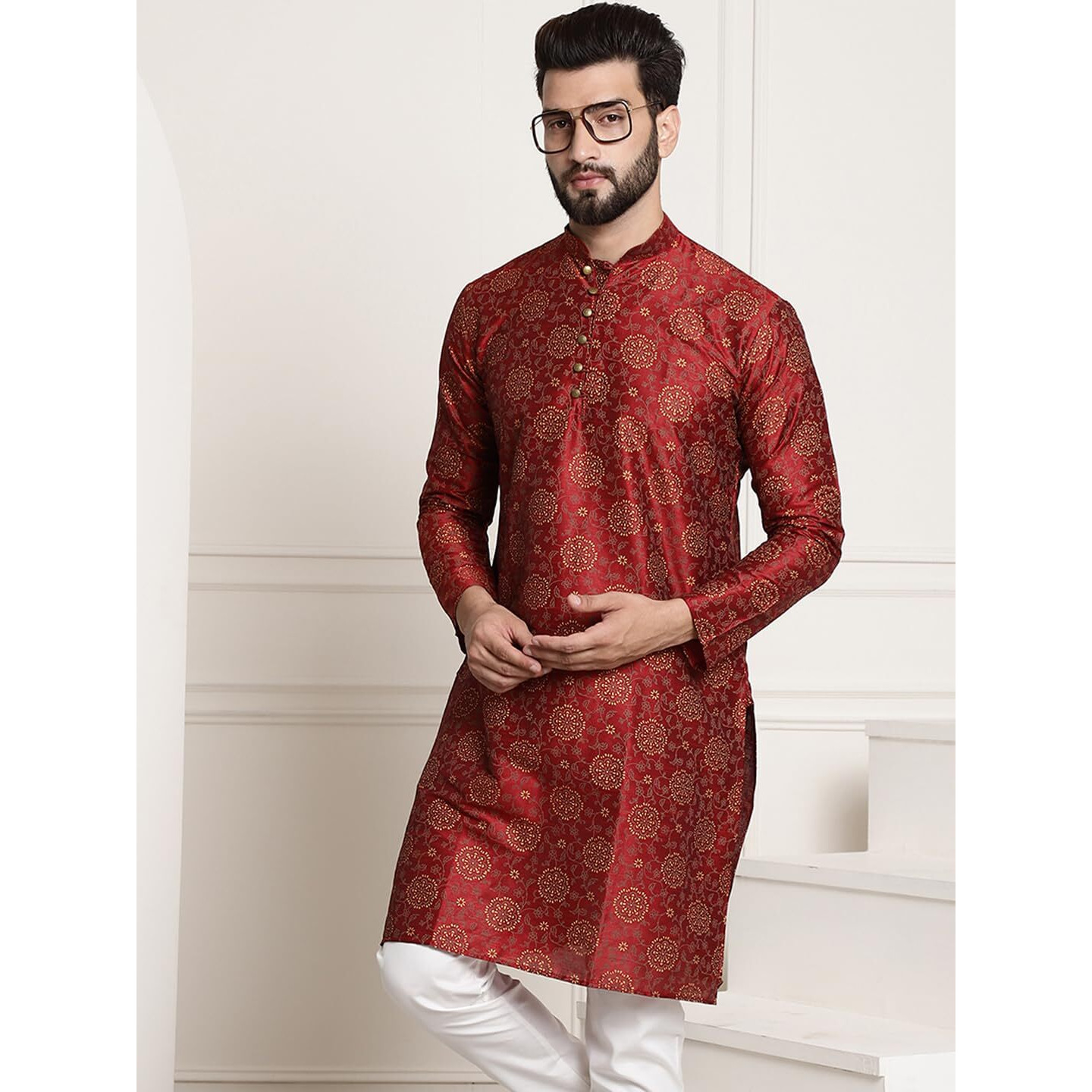 Sojanya (Since 1958 Men's Silk Blend Maroon Color Print Design Only Long Kurta
