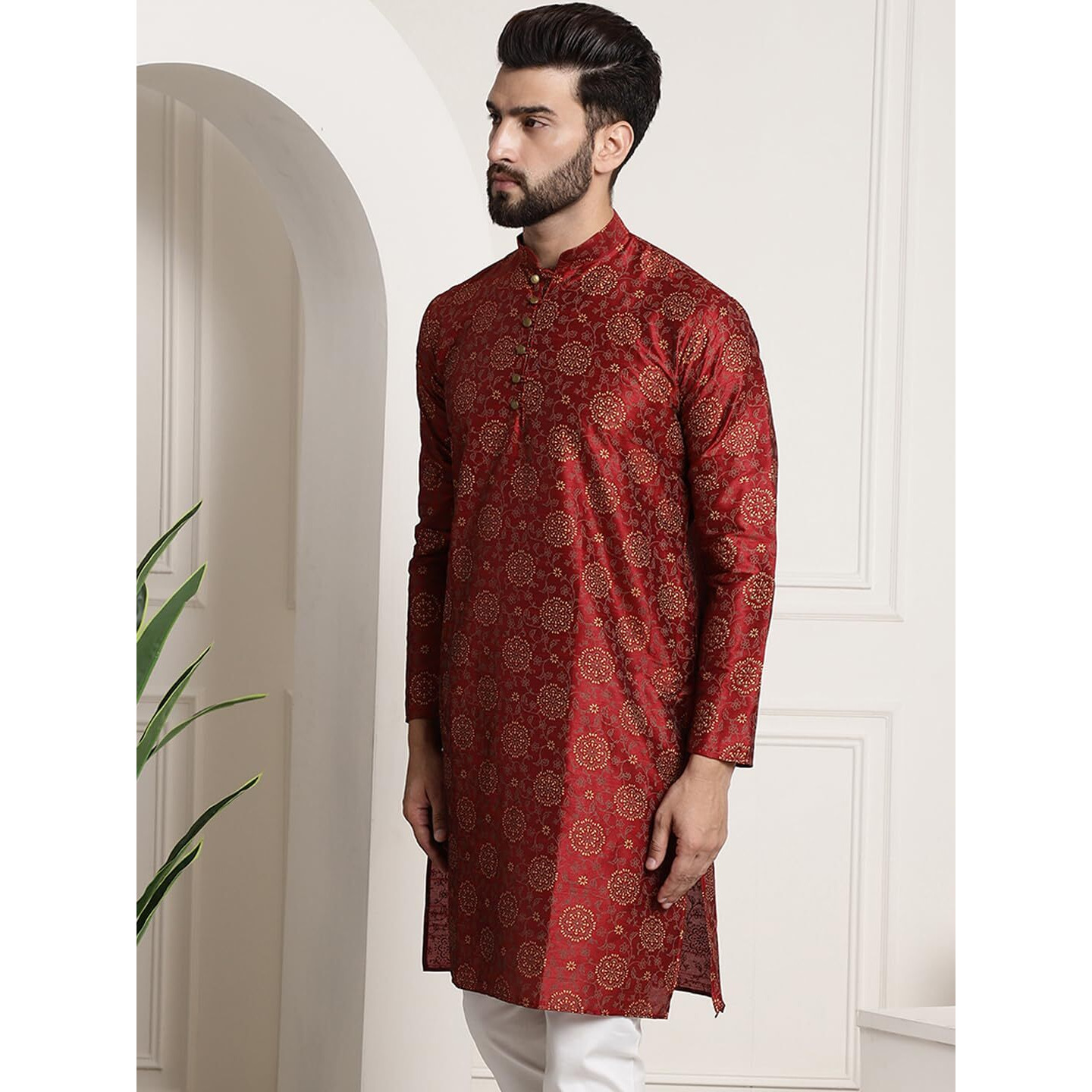 Sojanya (Since 1958 Men's Silk Blend Maroon Color Print Design Only Long Kurta