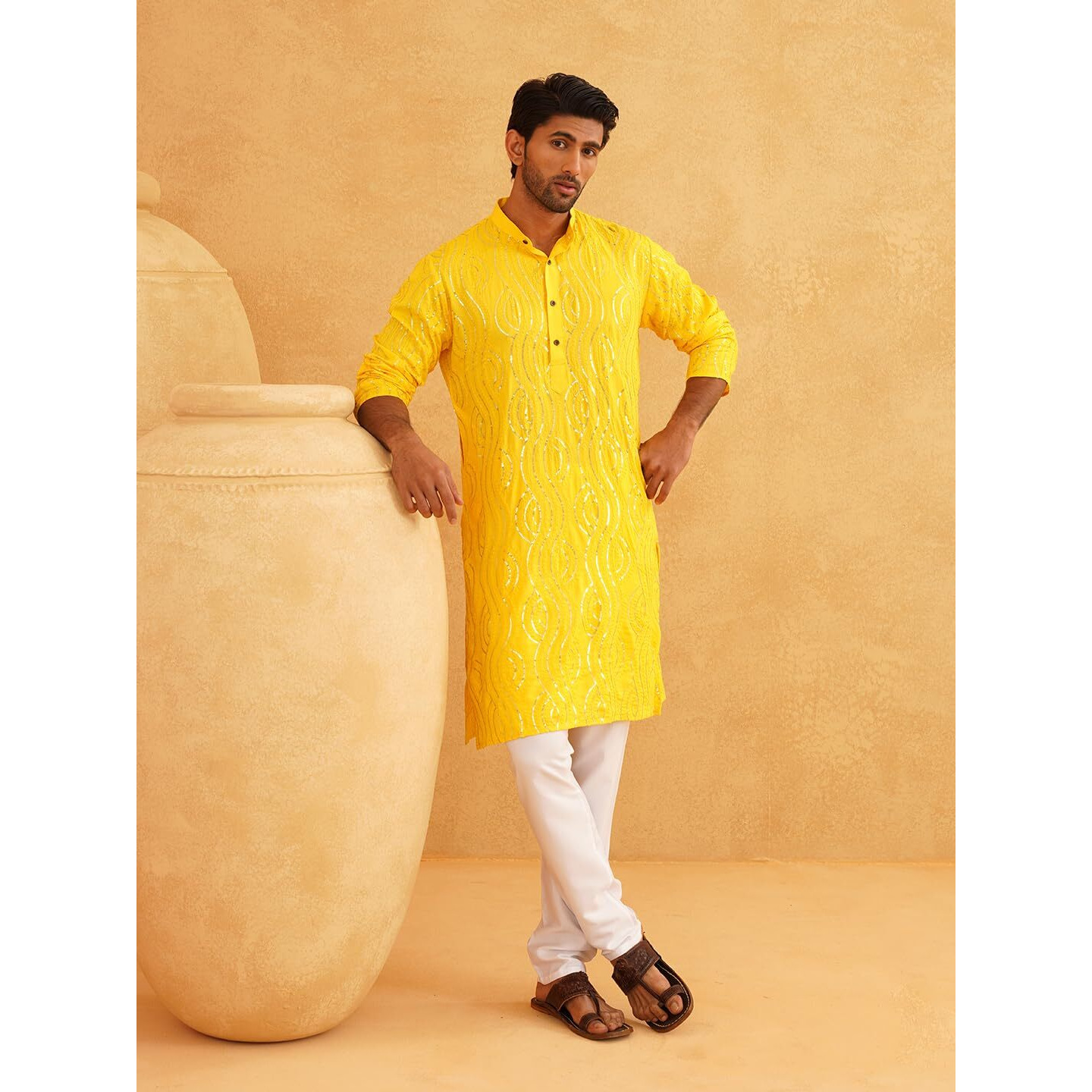 Sojanya (Since 1958 Men's Pure Cotton Mustard Designer Kurta And White Churidar Pyjama Set