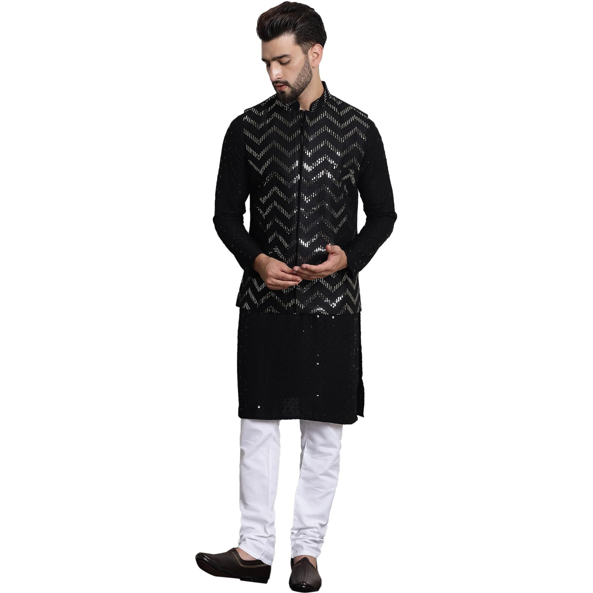 Sojanya (Since 1958 Men's Pure Cotton Sequence Black Kurta And White Pyjama With Black Nehrujacket