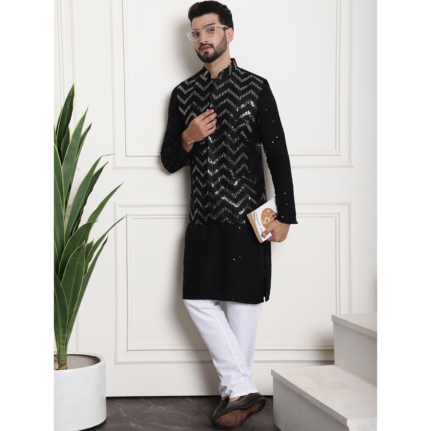 Sojanya (Since 1958 Men's Pure Cotton Sequence Black Kurta And White Pyjama With Black Nehrujacket