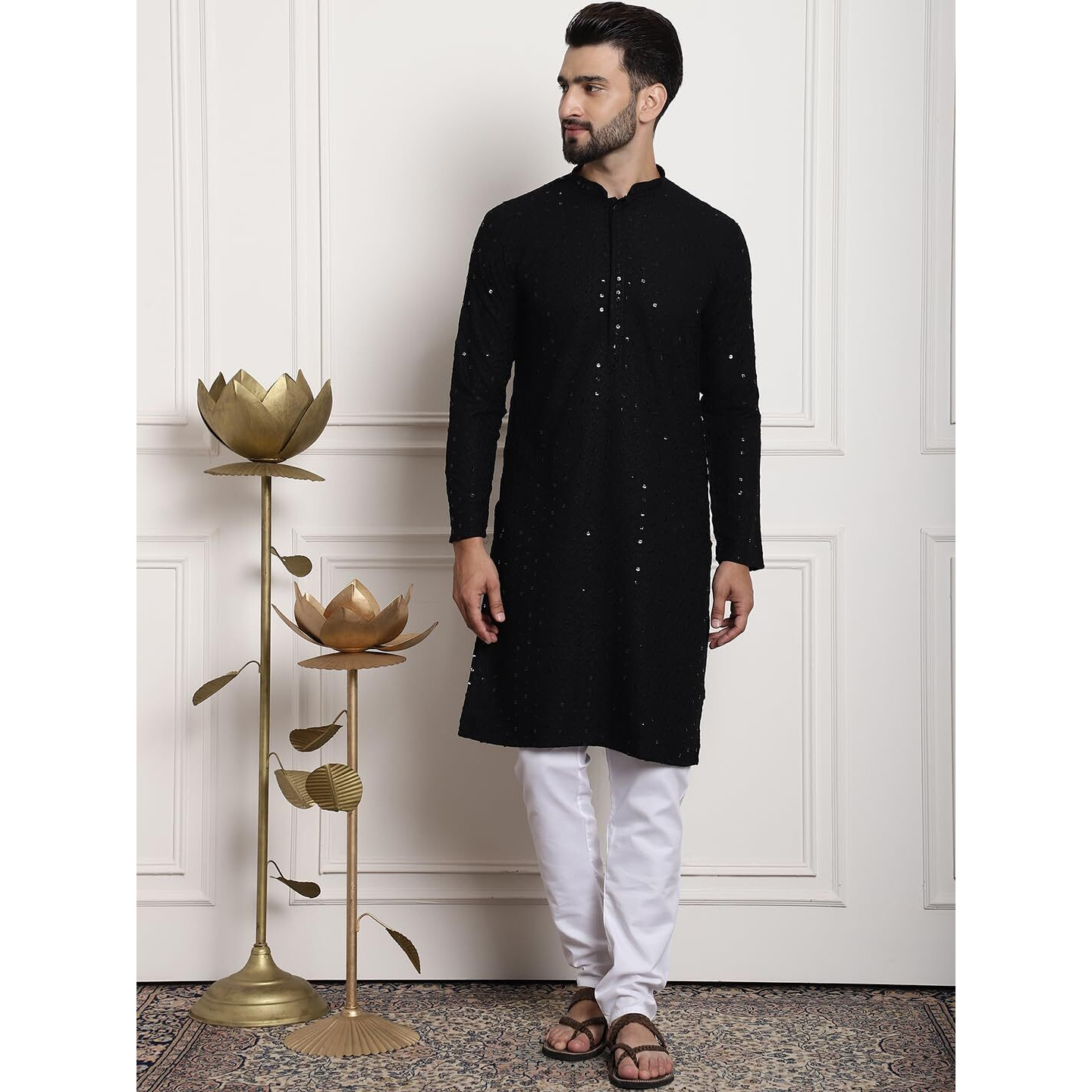 Sojanya (Since 1958 Men's Pure Cotton Sequence Black Kurta And White Pyjama With Black Nehrujacket