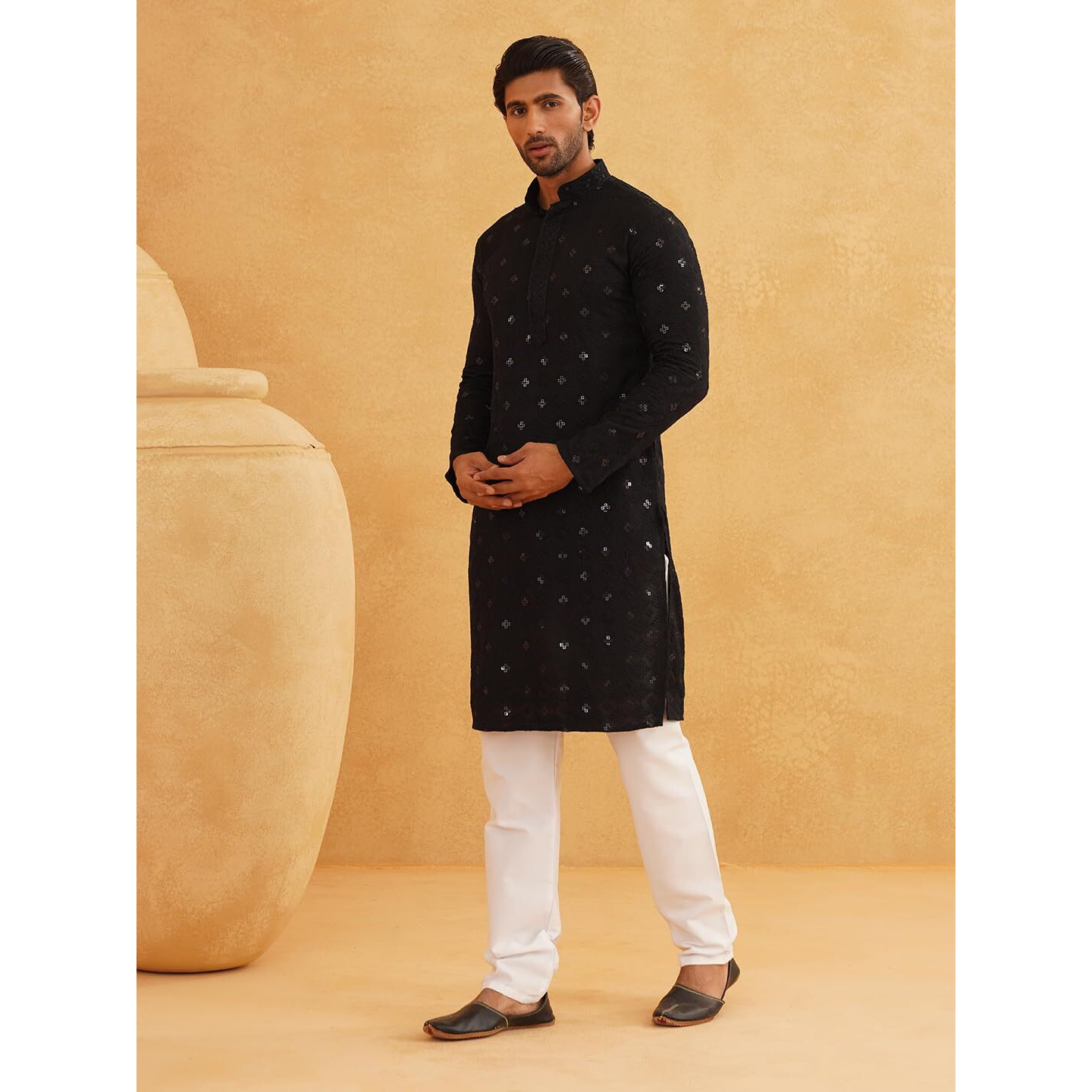 Sojanya (Since 1958 Men's Cotton Embroidered Sequinned Black Long Kurta Size 44