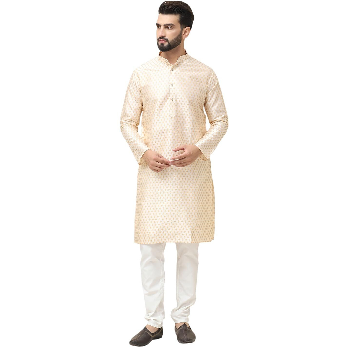 Sojanya (Since 1958 Men's Silk Blend Cream Self Design Kurta With Off White Pyjama Set
