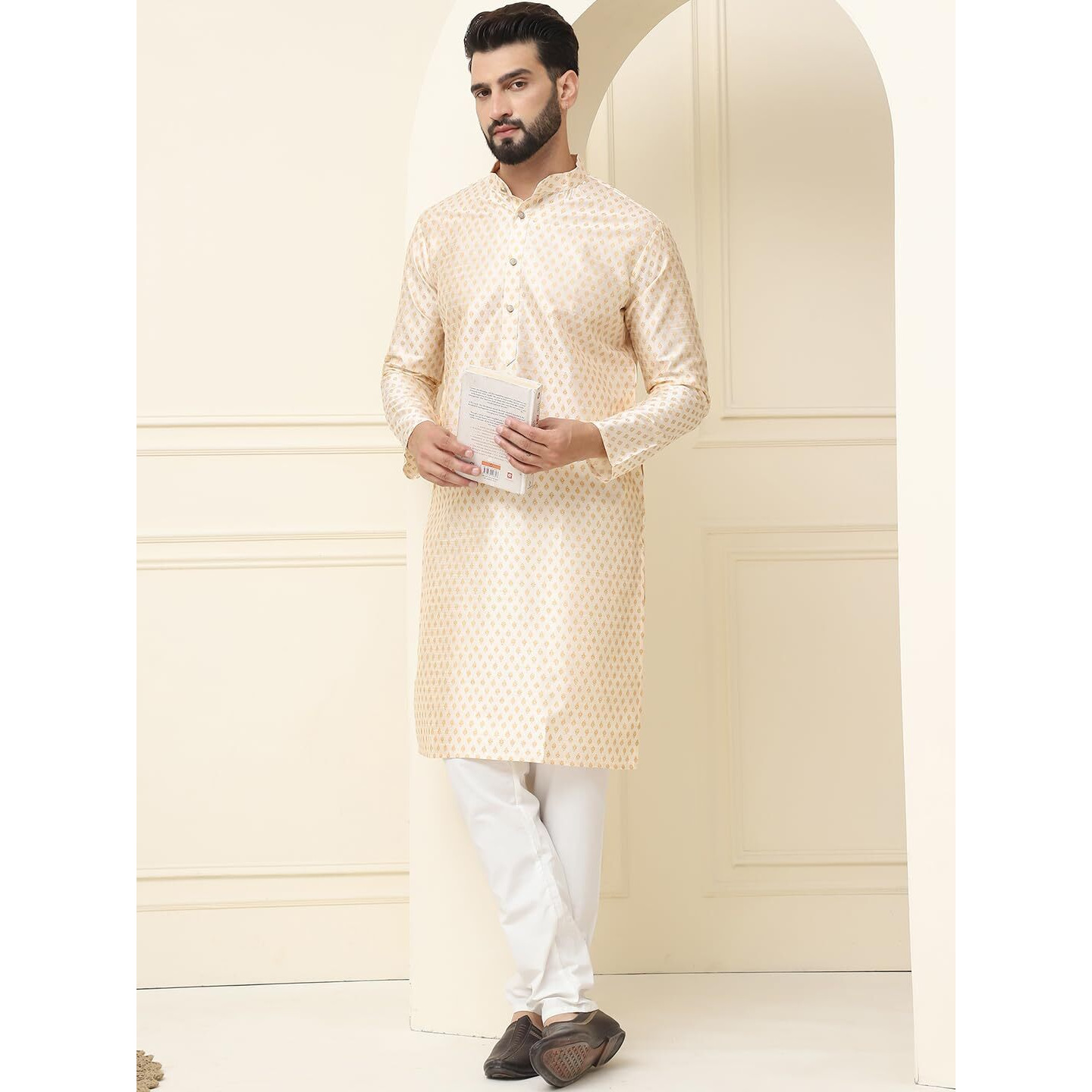 Sojanya (Since 1958 Men's Silk Blend Cream Self Design Kurta With Off White Pyjama Set