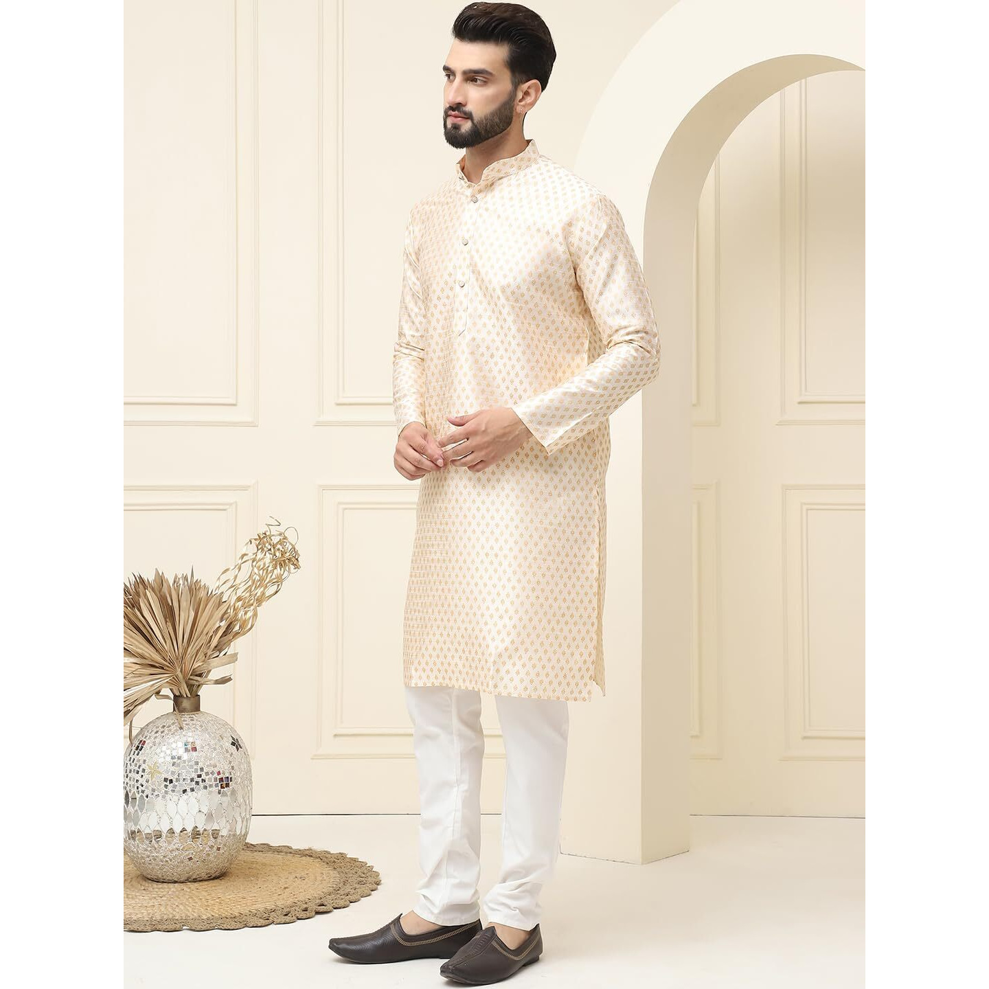 Sojanya (Since 1958 Men's Silk Blend Cream Self Design Kurta With Off White Pyjama Set