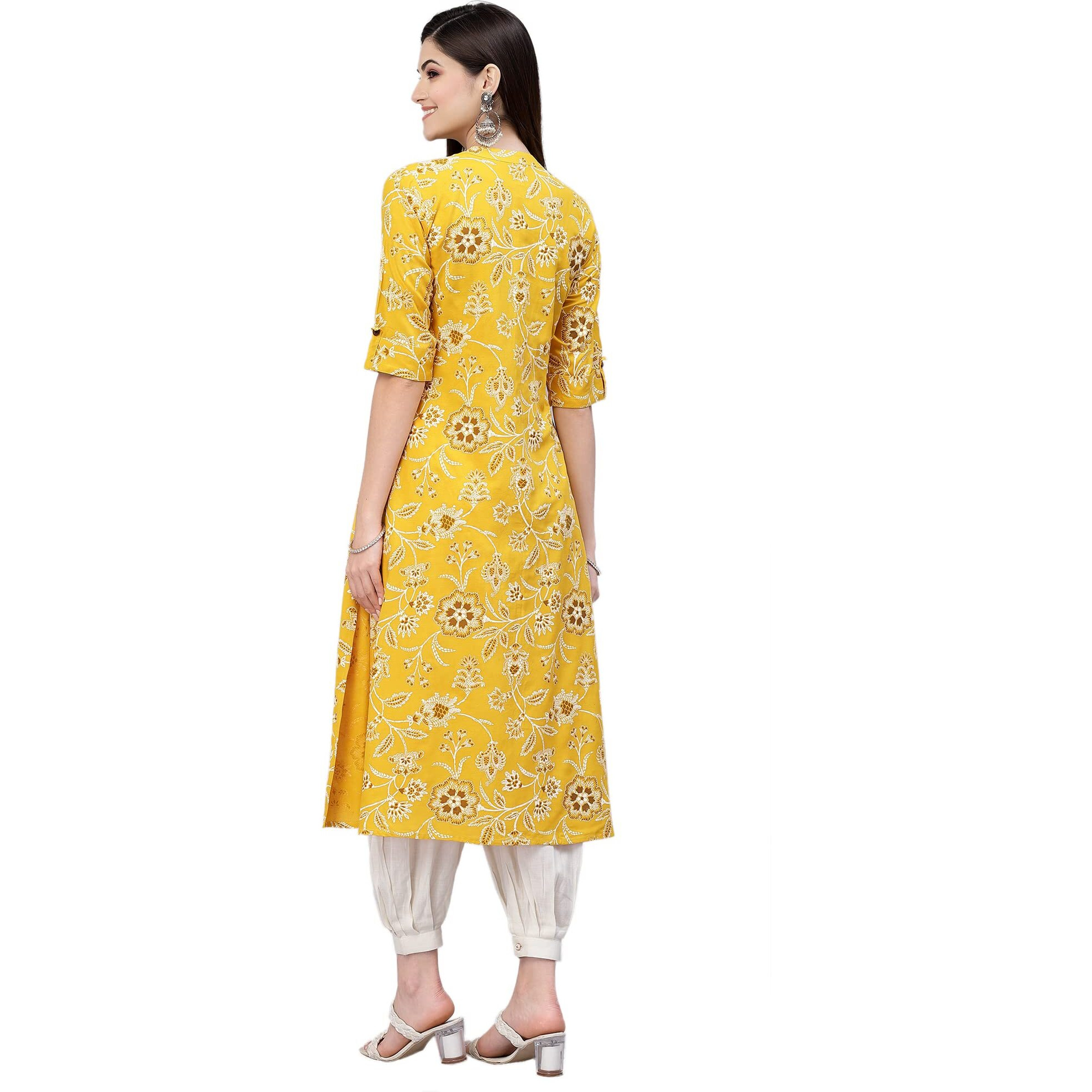 Stylum Women's Floral Print Rayon A-Line Kurta (Fionamustard38_Mustard, M)