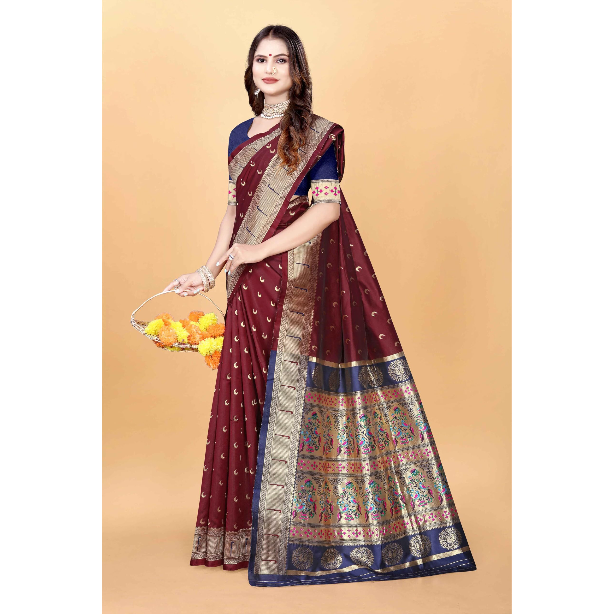 Sugathari Women's Banarasi Saree Pure Paithani Kanjivaram Silk Soft New Ladies 2024 Design Wear Pattu Sarees Latest Cotton Party Sari Collections With Blouse Piece For Wedding Sadi (Pari-206 Maroon)