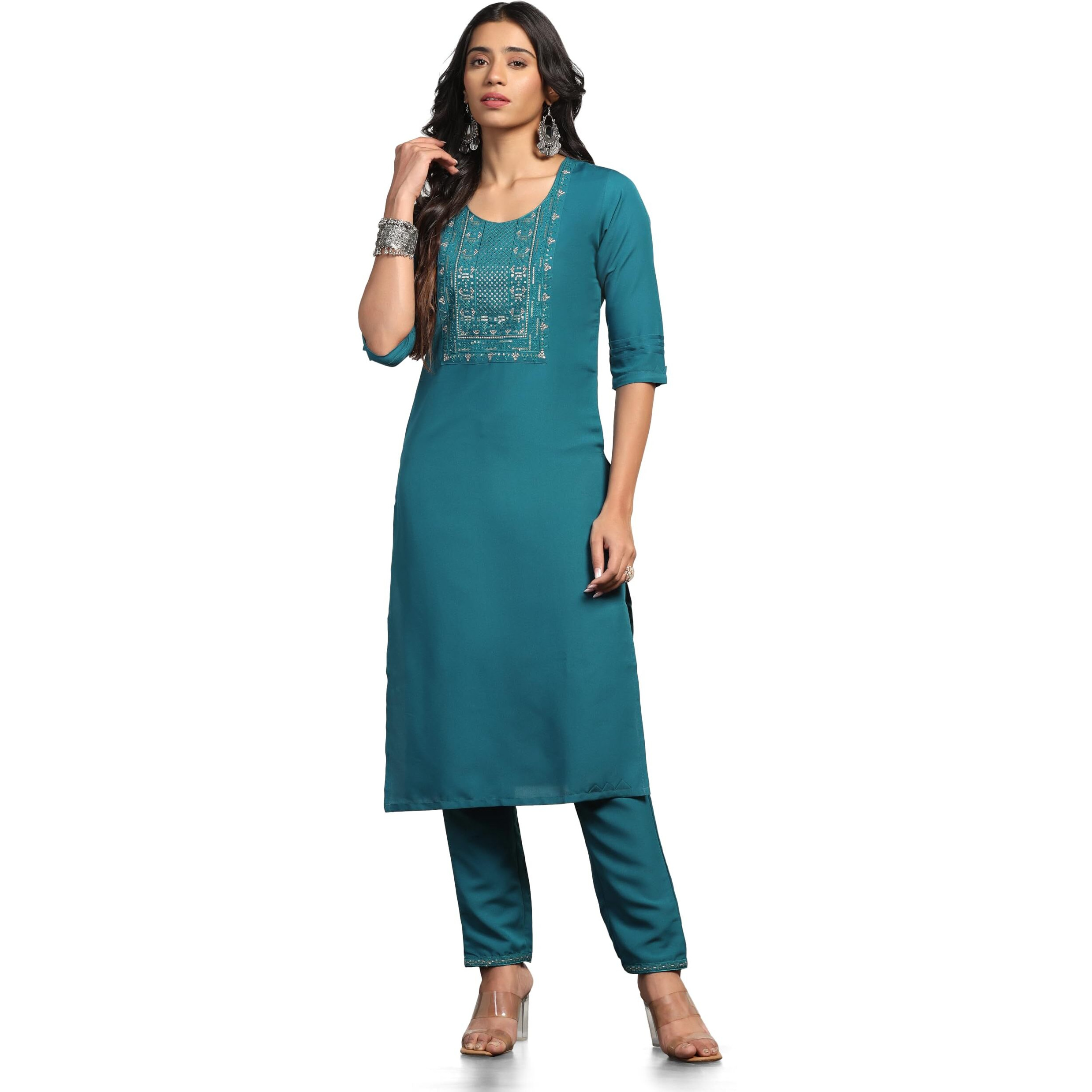 Tadkee Women's Straight Sequence Work Kurta With Pant (Fn-Straight-Squance-Pair-105-Blue-M)
