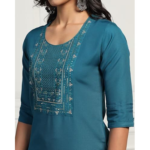 Tadkee Women's Straight Sequence Work Kurta With Pant (Fn-Straight-Squance-Pair-105-Blue-M)