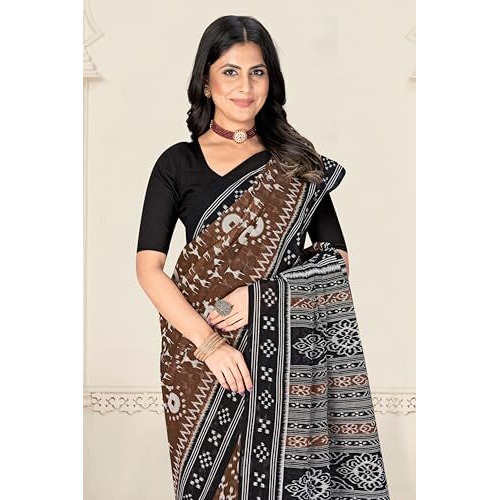Tamaira Fashion Women's Warli Printed Sambalpuri Pure Cotton Mulmul Saree Without Blouse Piece(2483_Brown)