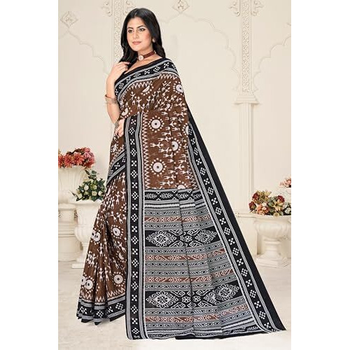 Tamaira Fashion Women's Warli Printed Sambalpuri Pure Cotton Mulmul Saree Without Blouse Piece(2483_Brown)
