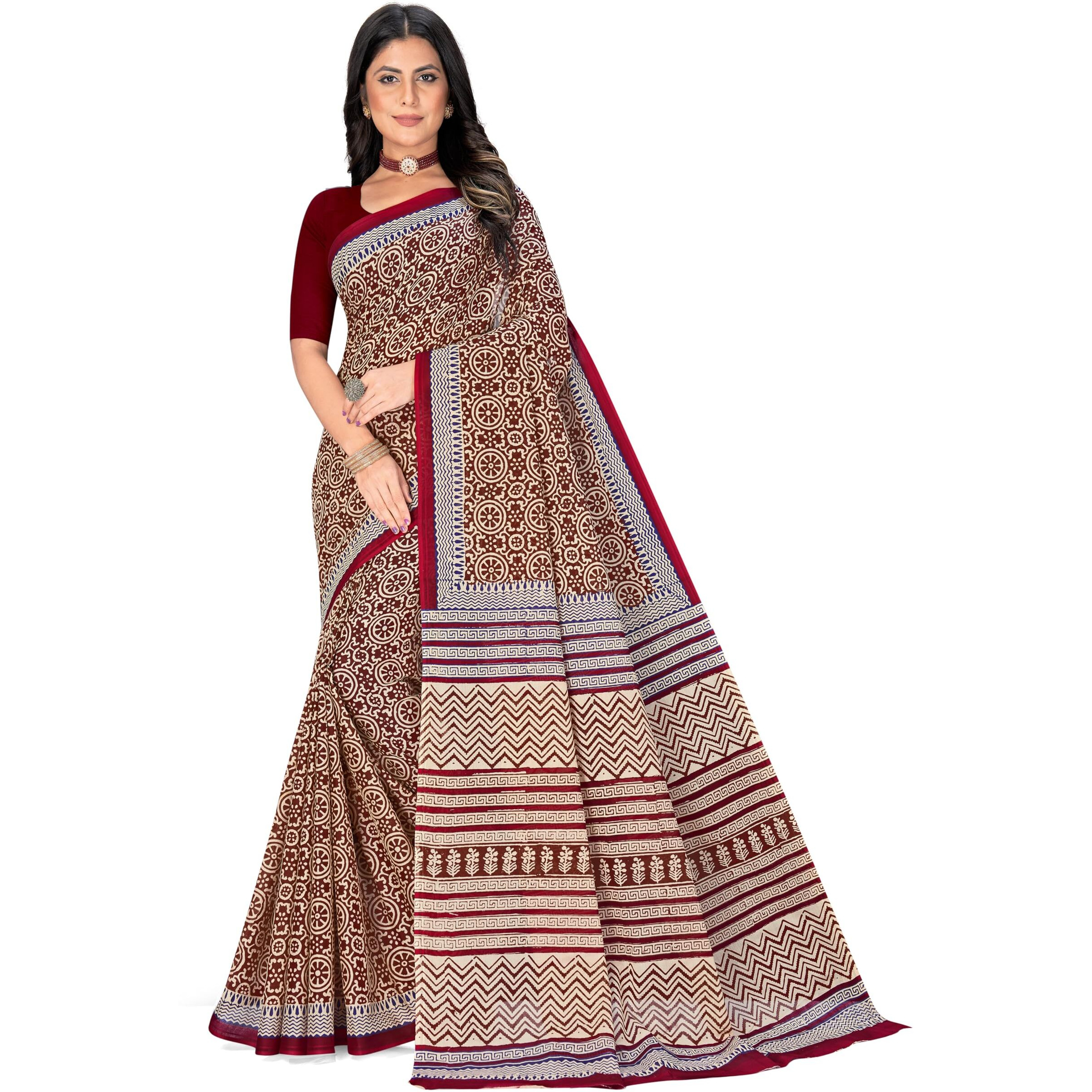 Tamaira Fashion Women's Hand Block Printed Pure Cotton Mulmul Saree Without Blouse Piece(2506_Coffee)