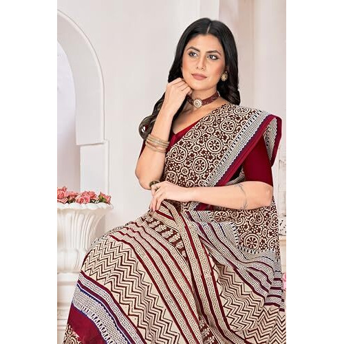 Tamaira Fashion Women's Hand Block Printed Pure Cotton Mulmul Saree Without Blouse Piece(2506_Coffee)
