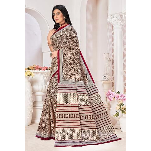 Tamaira Fashion Women's Hand Block Printed Pure Cotton Mulmul Saree Without Blouse Piece(2506_Coffee)