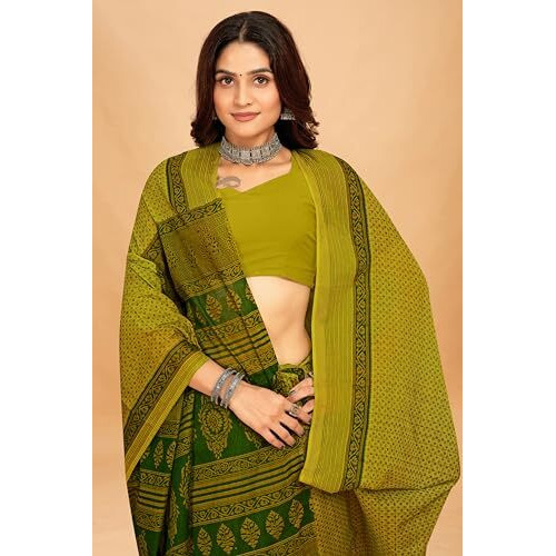 Tamaira Fashion Women's Floral Butti Printed Pure Cotton Mulmul Saree Without Blouse Piece(11497_Mehendi)