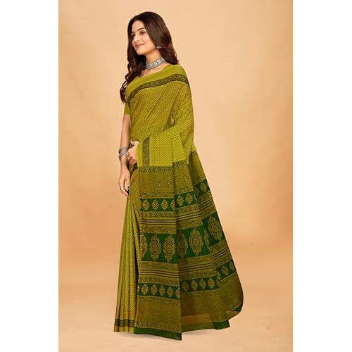 Tamaira Fashion Women's Floral Butti Printed Pure Cotton Mulmul Saree Without Blouse Piece(11497_Mehendi)