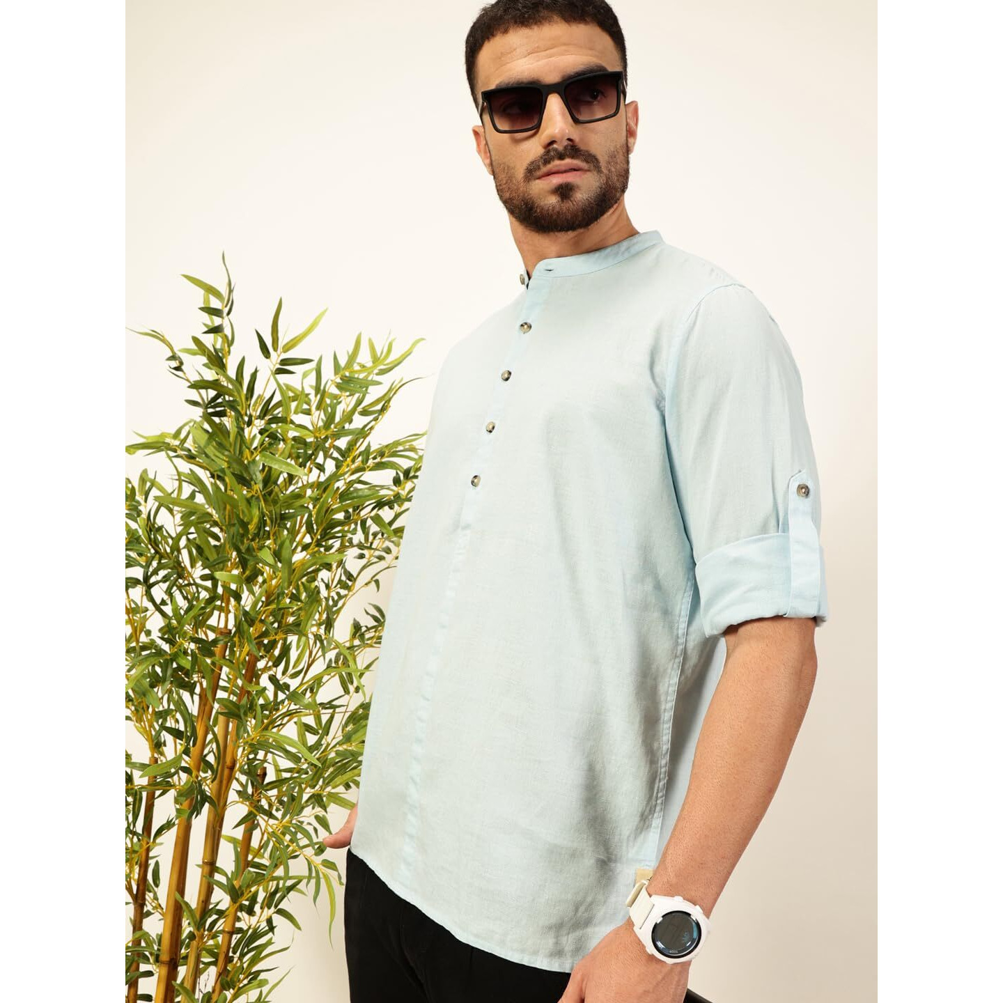 Thomas Scott Mens Linen Solid Kurta Shirt (Ts1529_Lightblue_2Xl)