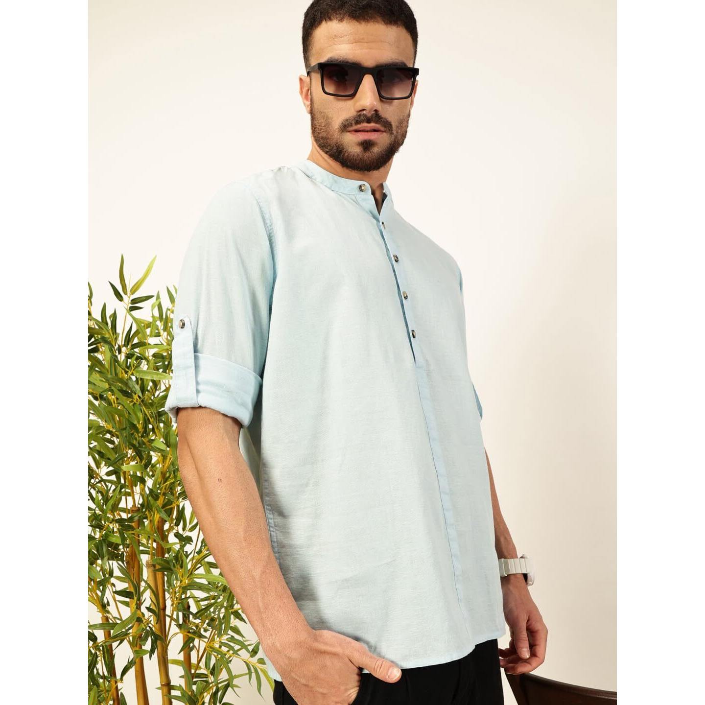 Thomas Scott Mens Linen Solid Kurta Shirt (Ts1529_Lightblue_2Xl)