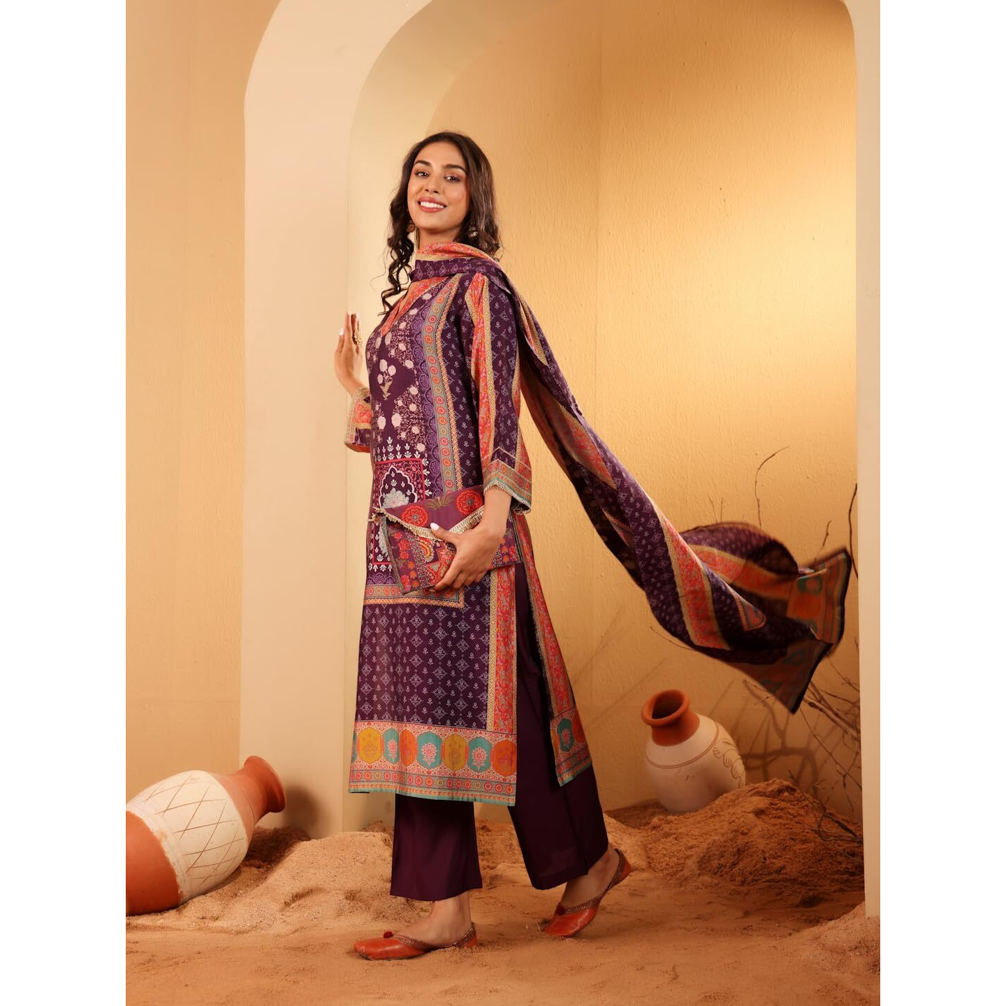 Varanga Women Purple Ethnic Printed Gota Lace Detailed Kurta With Solid Trouser & Printed Dupatta  Elegant Ethnic Set