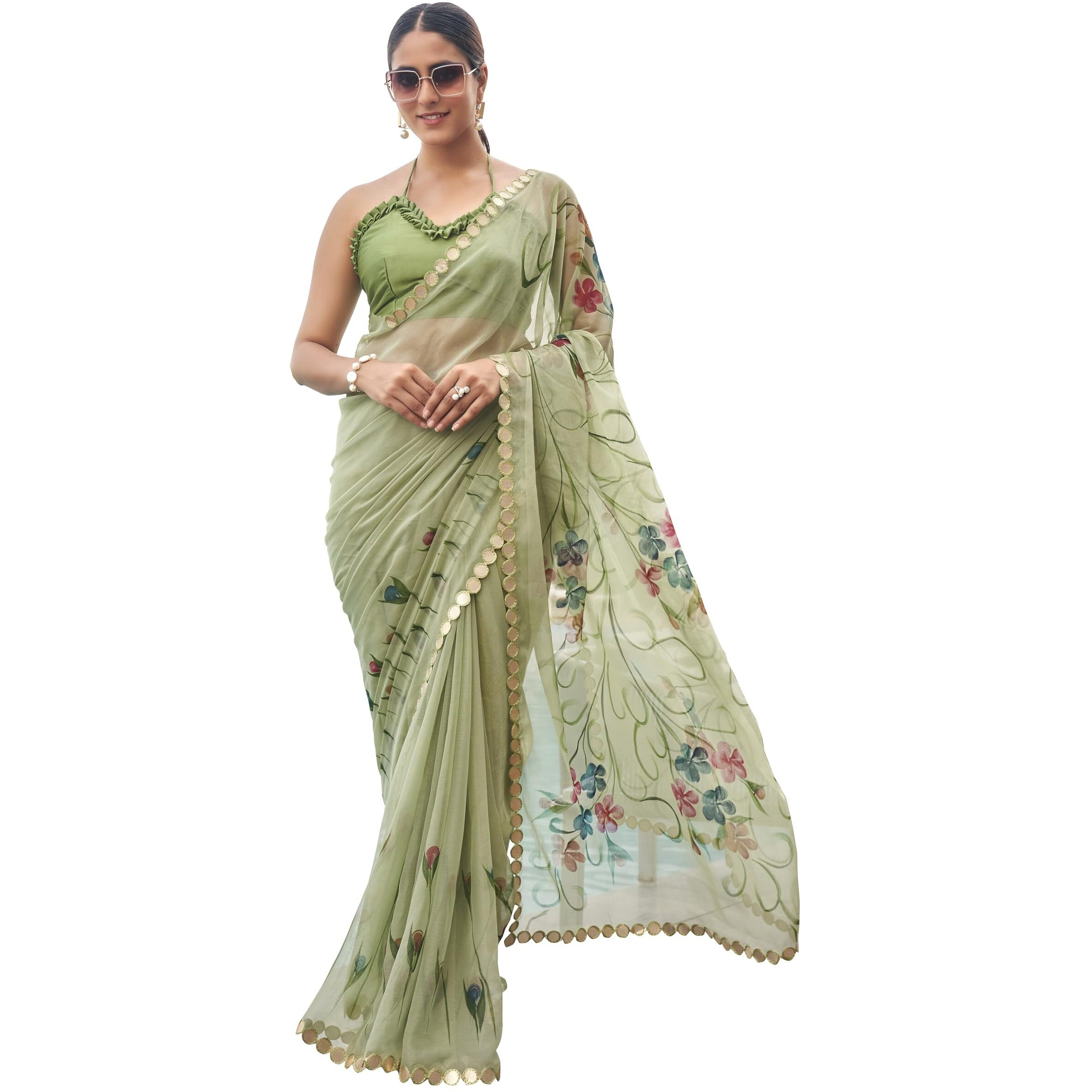 Womanista Women's Hand Printed Poly Chiffon Green Saree With Un-Stitched Blouse