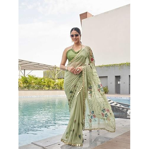 Womanista Women's Hand Printed Poly Chiffon Green Saree With Un-Stitched Blouse