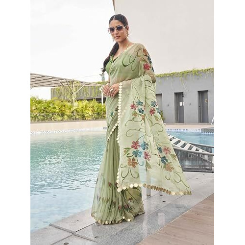 Womanista Women's Hand Printed Poly Chiffon Green Saree With Un-Stitched Blouse
