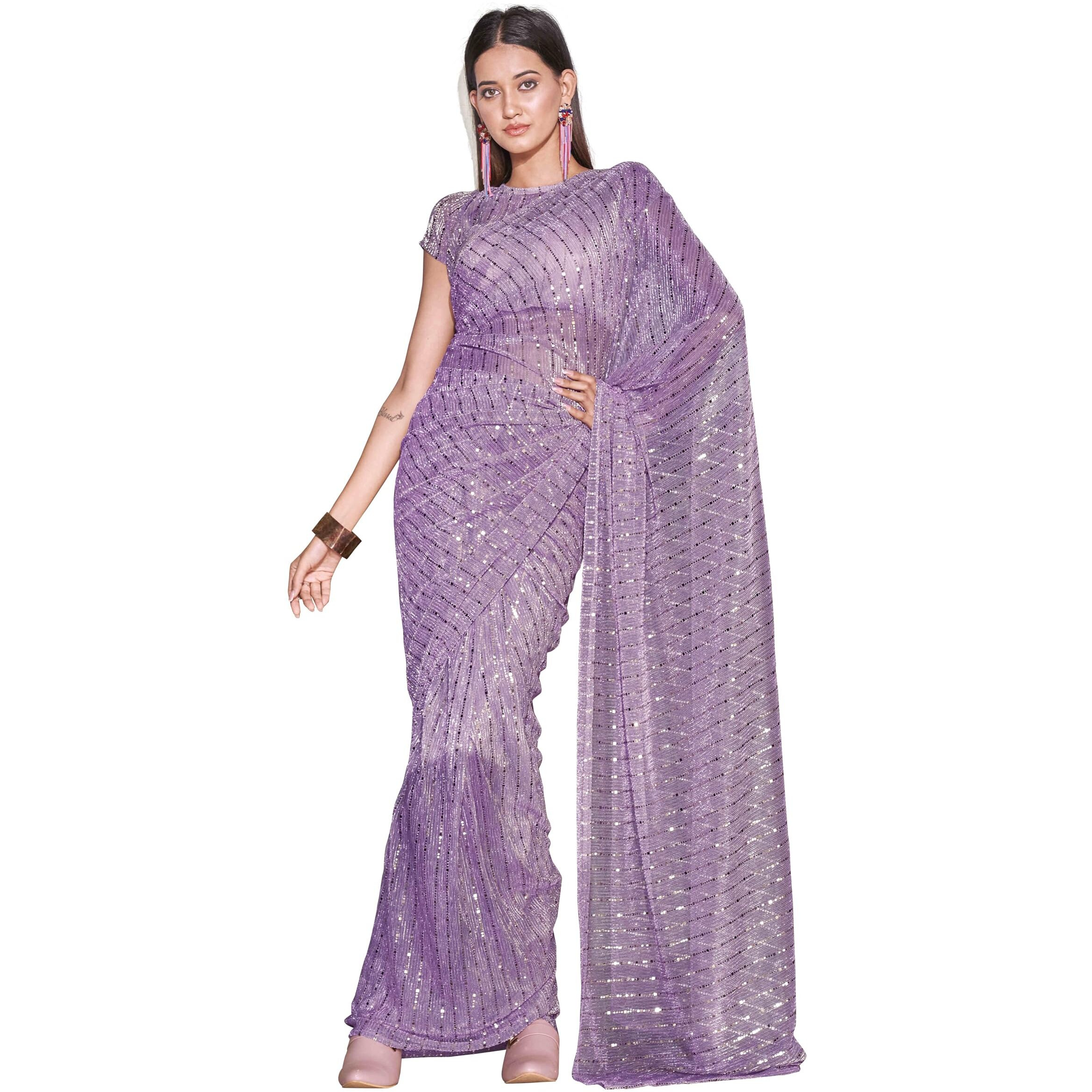 Womanista Women's Women Ready To Wear Saree Ll Women Lycra Saree Ll Women Pre Draped Saree Ll Women One Minute Saree Ll Un-Stitched Blouse Saree, Lavender