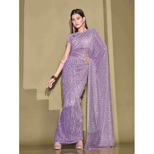 Womanista Women's Women Ready To Wear Saree Ll Women Lycra Saree Ll Women Pre Draped Saree Ll Women One Minute Saree Ll Un-Stitched Blouse Saree, Lavender