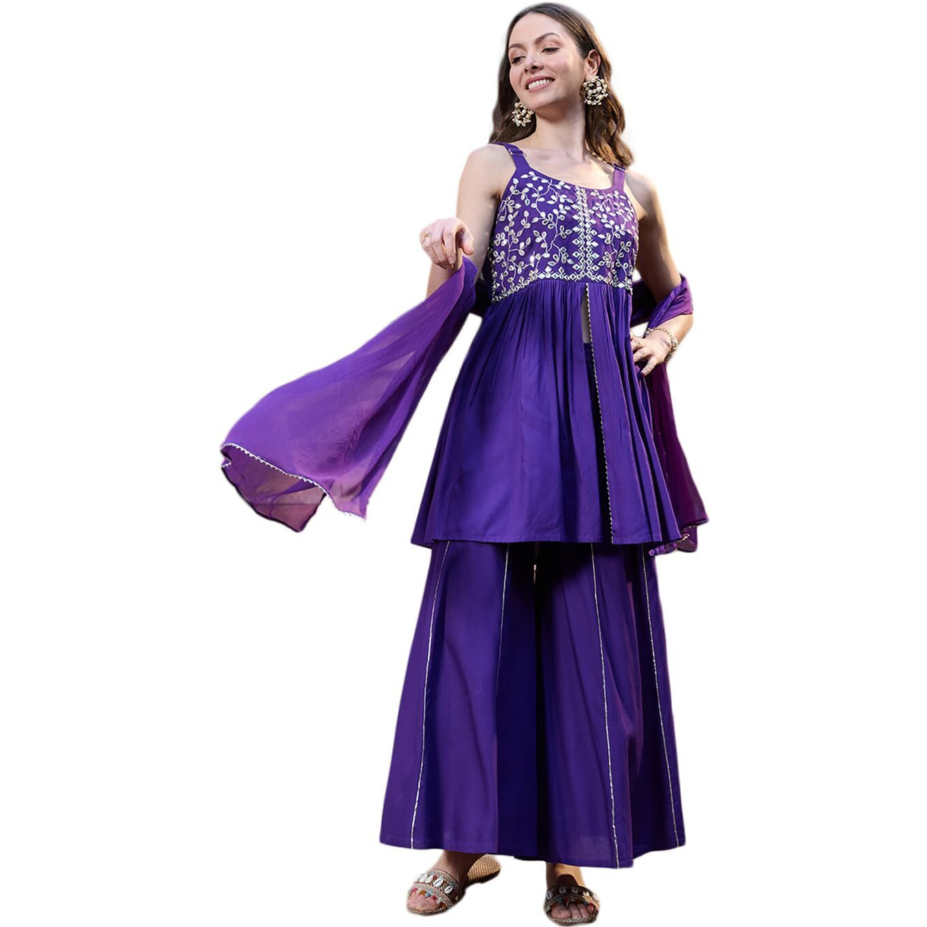 Stylum Women's Solid & Embrpodered Rayon Short Kurti Sharara Dupatta Set (Ksdvoilsolo36_Violet, S)